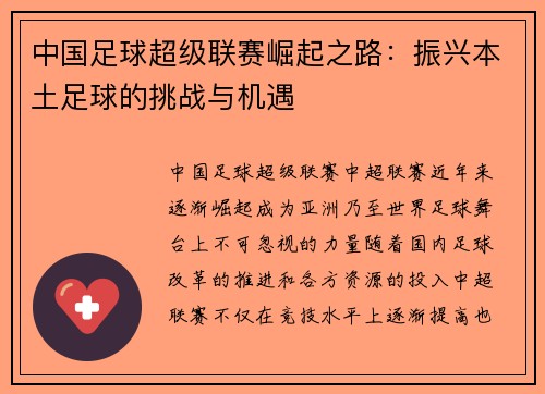 中国足球超级联赛崛起之路:振兴本土足球的挑战与机遇 中国足球超级联赛崛起之路:振兴本土足球的挑战与机遇