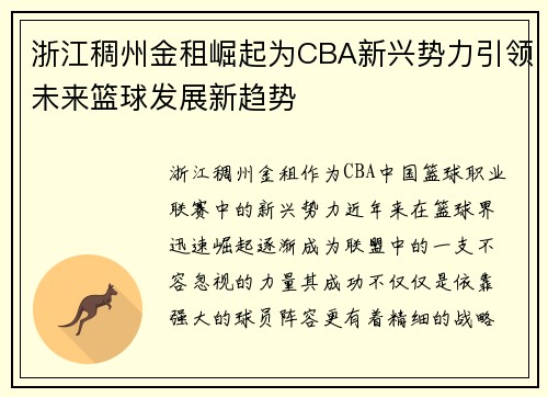 浙江稠州金租崛起为CBA新兴势力引领未来篮球发展新趋势