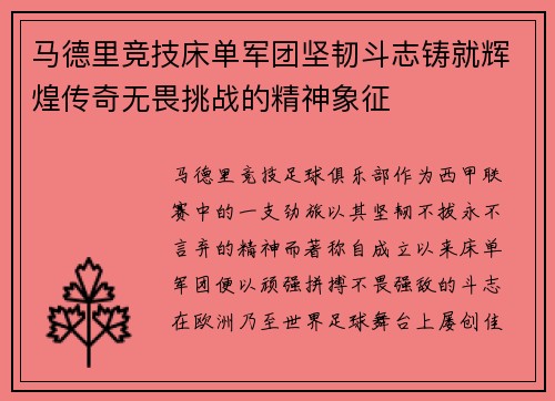 马德里竞技床单军团坚韧斗志铸就辉煌传奇无畏挑战的精神象征 马德里竞技床单军团坚韧斗志铸就辉煌传奇无畏挑战的精神象征